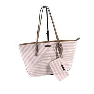 Nine West Pink White Striped Tote Bag w/Matching Wristlet Pouch Silver Hardware
